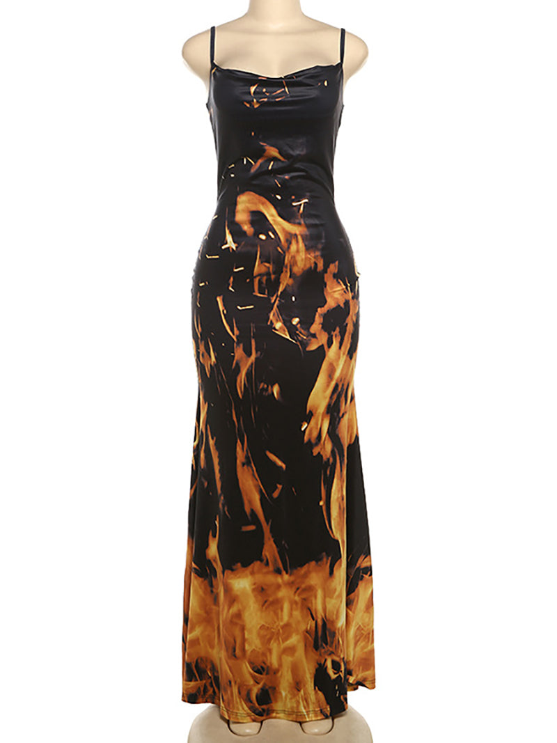 Sexy Spaghetti Strap Graphic Print Midi Bodycon Dress