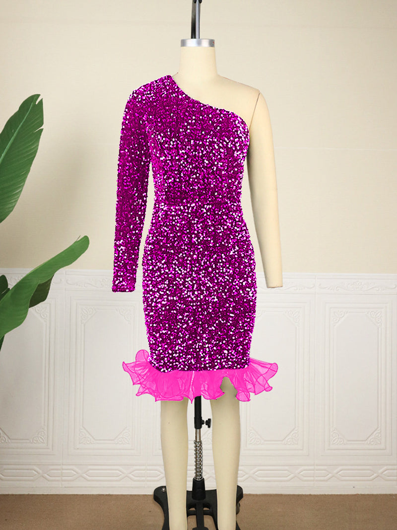 Sexy Sequin One Shoulder Party Dress