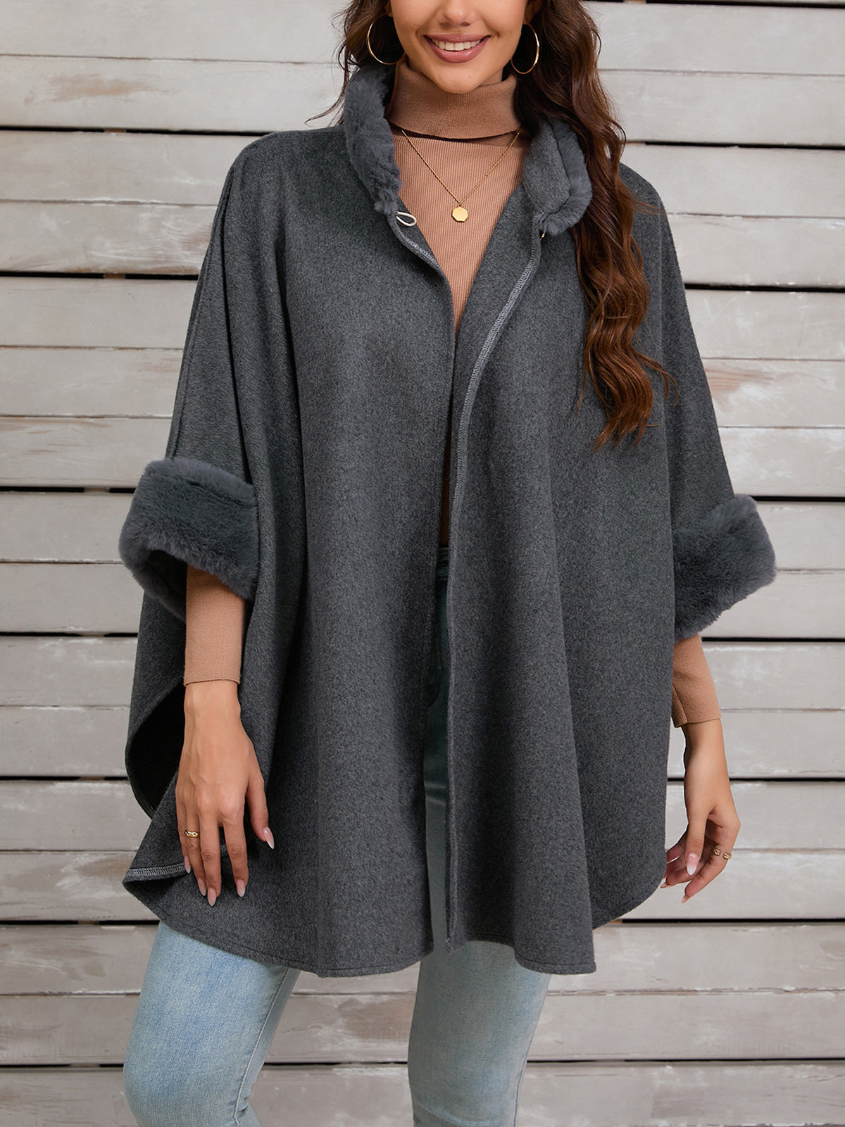 Fashion Plus Contrast Fuzzy Trim Cape Coat