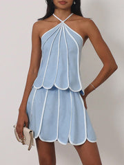Fashion Sleeveless Scalloped Halter Top And Skirt Set