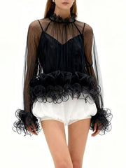 Fashion Straps Tops Sheer Mesh Lacework Shirts