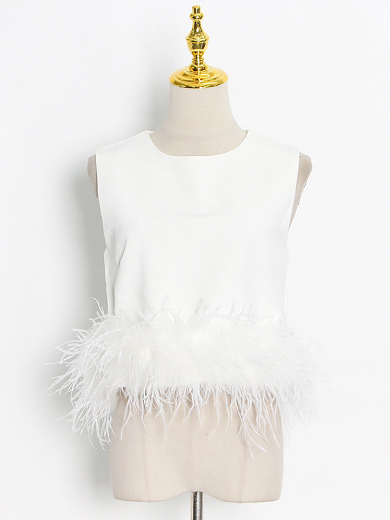 Casual Solid Color Sleeveless Feather Top