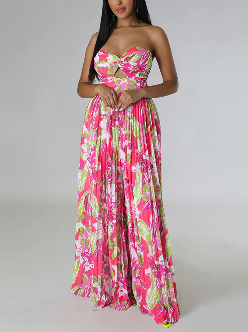 Sexy Strapless Print Bouffant Wide Leg Jumpsuit