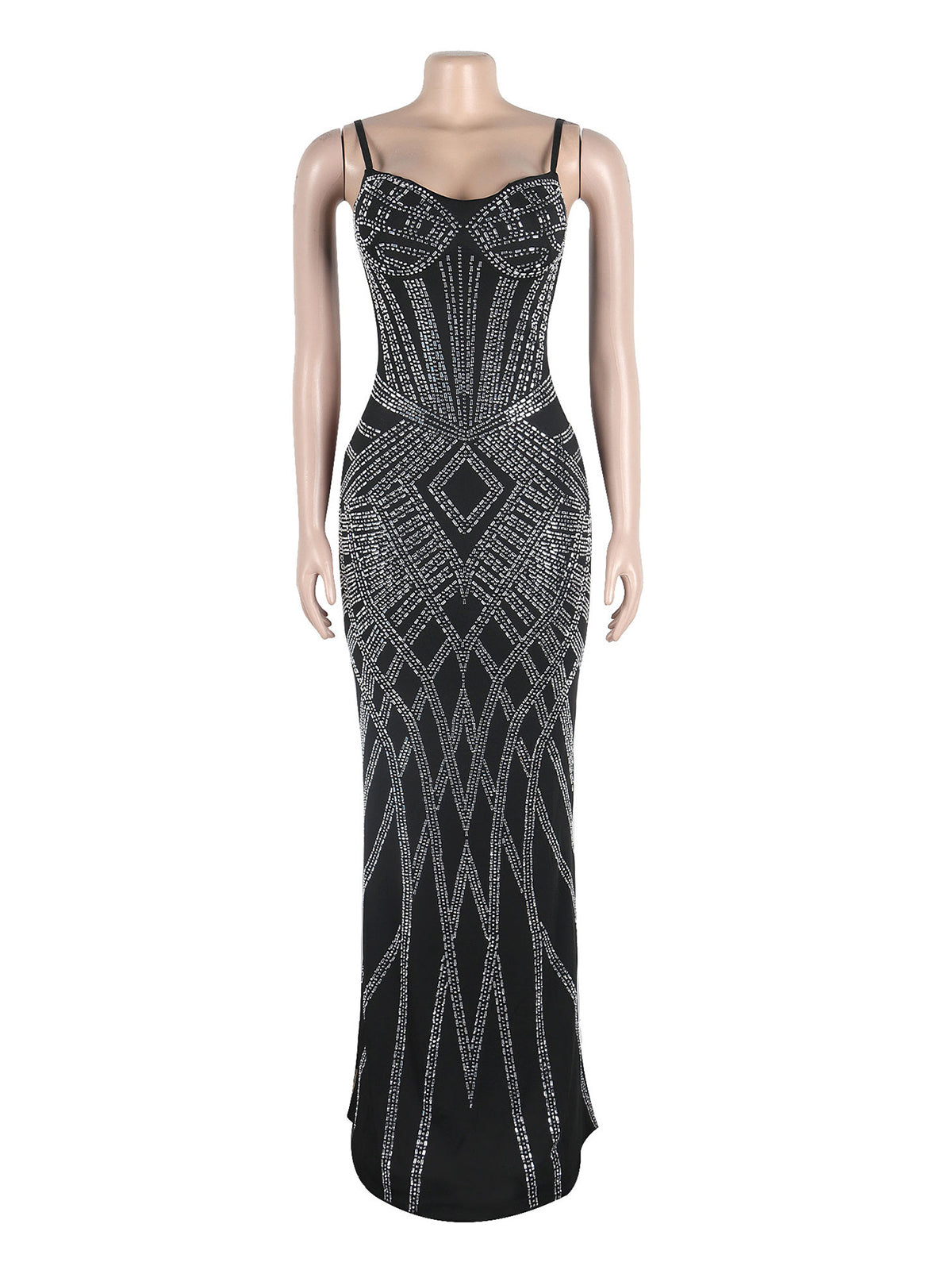 Rhinestone Suspender Elastic Bodycon Maxi Dress