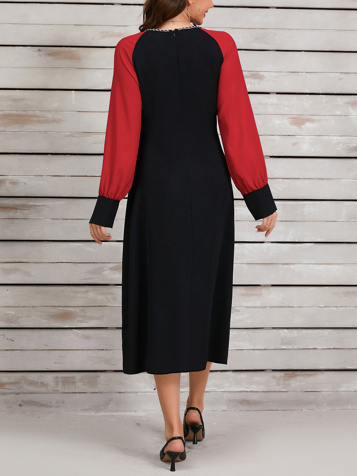 Color Block Long Sleeve Slim Midi Dress