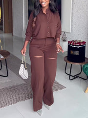 Solid Color Loose Shirt Wide-leg Pants Set