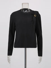 Fashion Round Neck Buckle-Shoulder Base Shirt