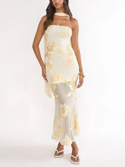 Elegant Embroidered Floral Mesh Slim Maxi Dress