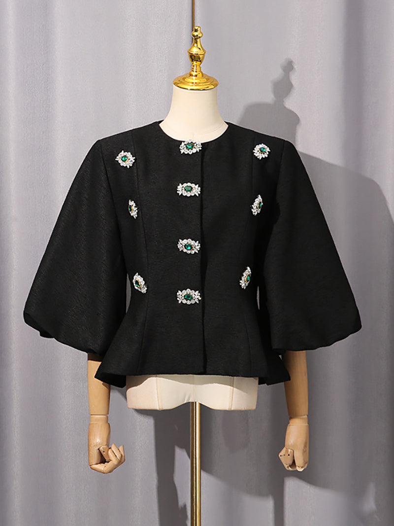 Fashion Rhinestone Puff Sleeve Slim Jacket