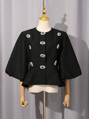 Fashion Rhinestone Puff Sleeve Slim Jacket