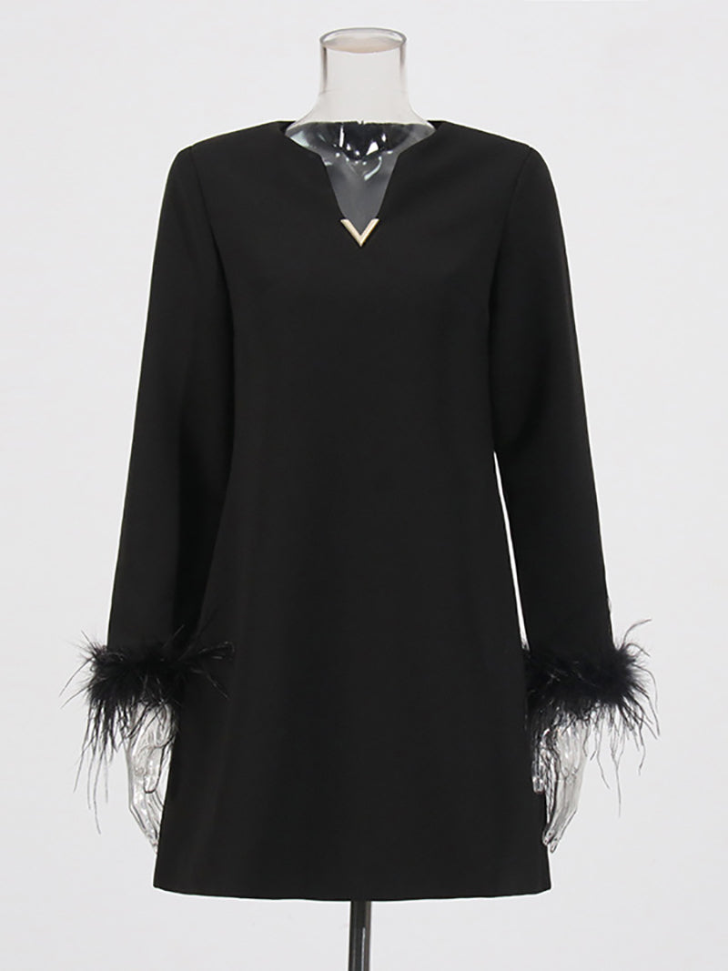 Fashion V Neck Long Sleeve Feather Mini Loose Dress