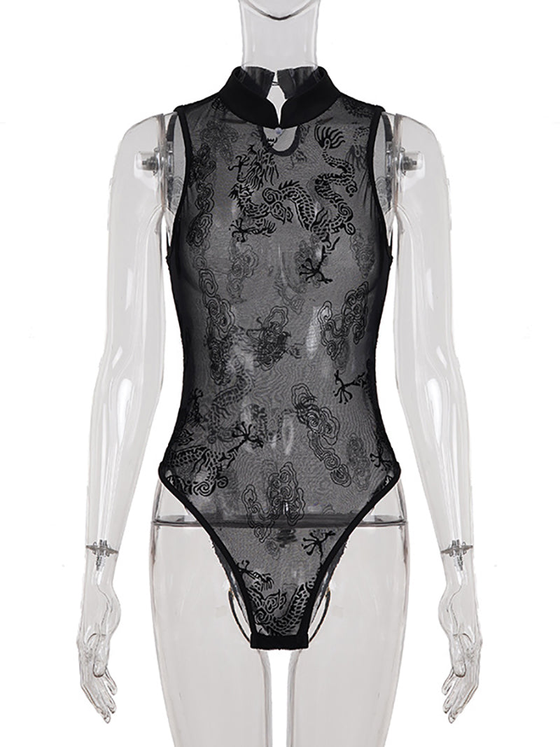 Sexy Mesh See-Through Print Sleeveless Bodysuit