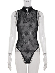 Sexy Mesh See-Through Print Sleeveless Bodysuit