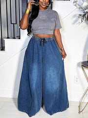 Casual Elastic Waist Drawstring Wide Leg Jeans