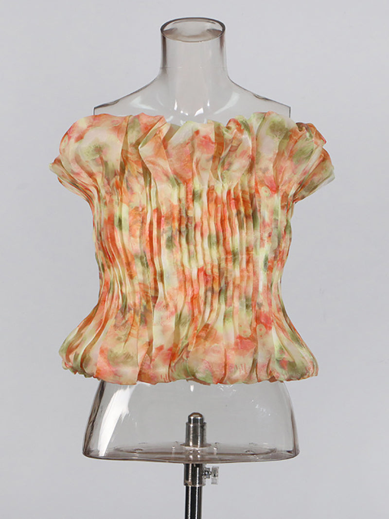 Fashion Print Strapless Pleated Vest