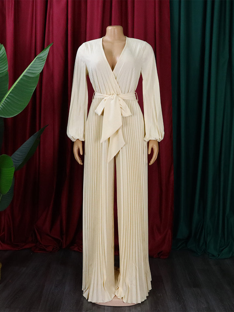 Elegant V Neck Pleated Wide Leg Jumpsuit