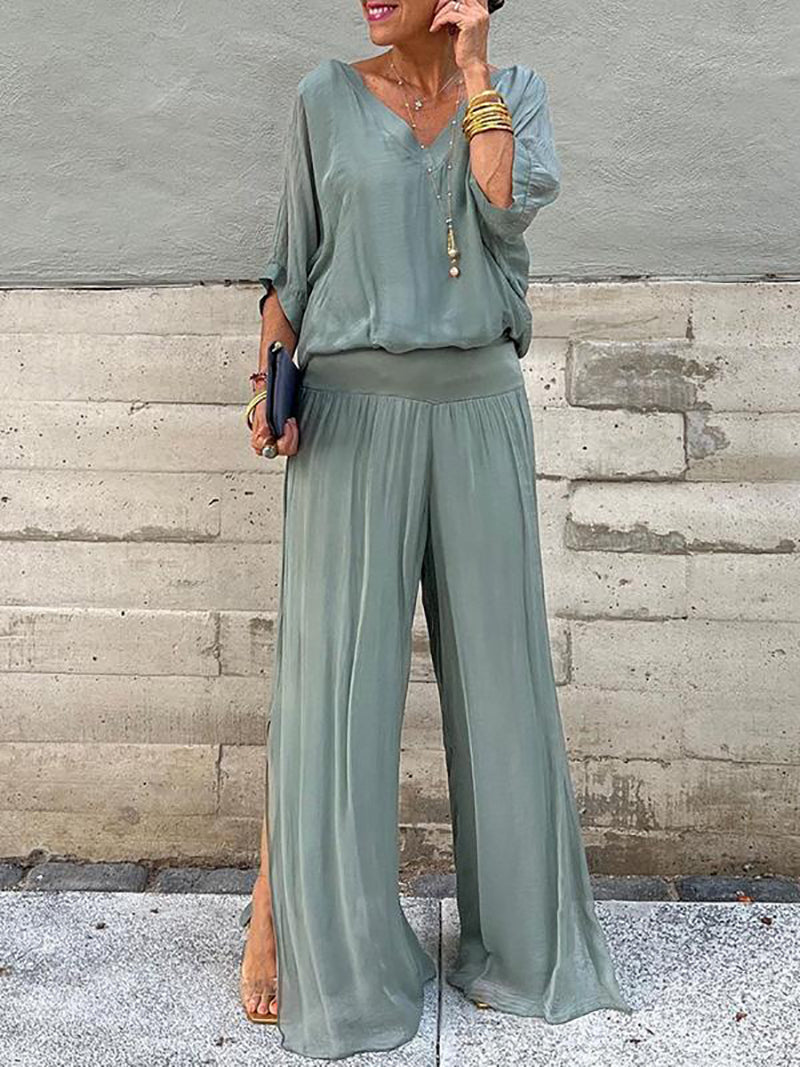 Solid Color Chiffon Loose Top Trousers Casual Set