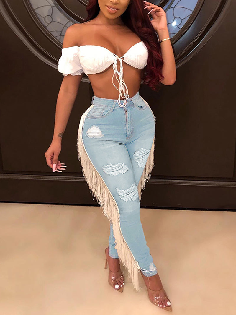 Casual High Waist Ripped Tassel Jeans Pencil Pants