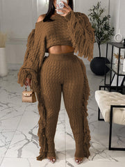 Fashion Knit Tassels High Waist Trousers Sets