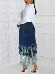 Plus Size Layered Tassel Trim Denim Skirt