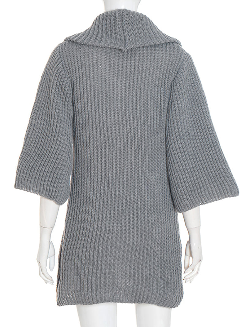 Sexy Solid Turn-down Collar knit Loose Mini Dress