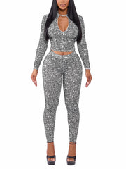 Print Zipper Crop Top Skinny Pant Sexy Clubwear Two Piece Set