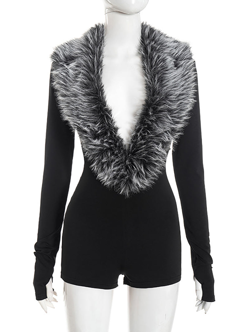Sexy Deep V Faux Fur Long Sleeve Tight Romper