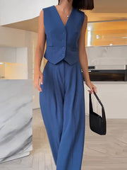 Sleeveless Waistcoat Wide Leg Suit Pants Set