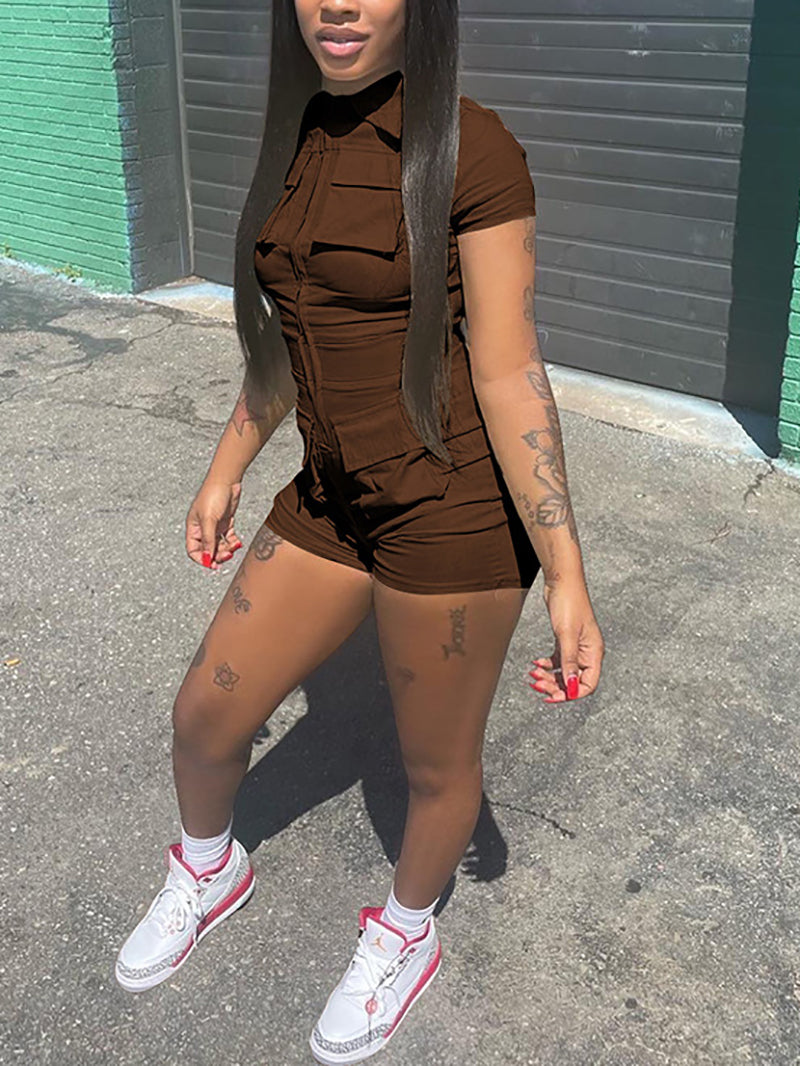 Casual Zipper Multi Pocket  Cargo Romper