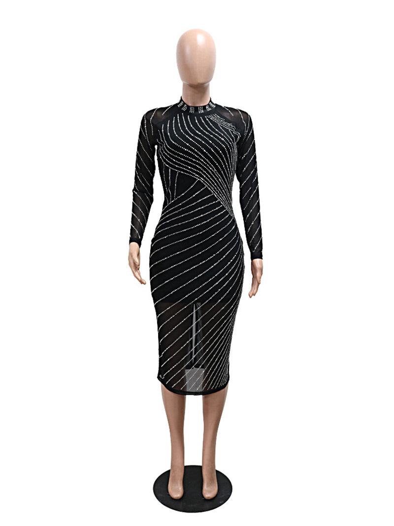 Striped Rhinestone Split Back Bodycon Dress