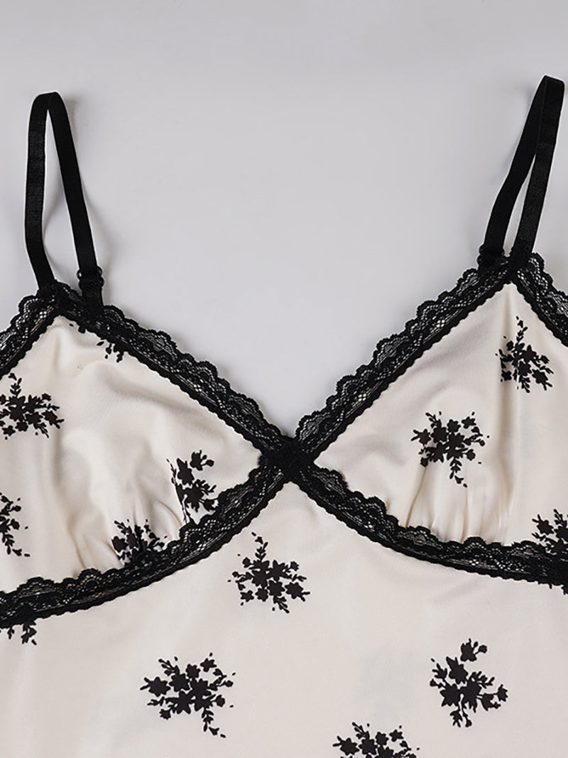 Sexy Print Lace Patchwork Spaghetti Strap Maxi Dress