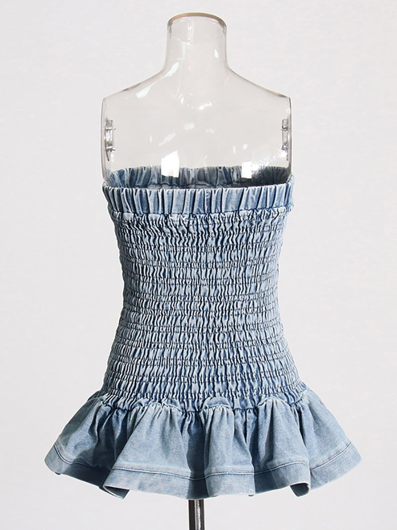 Fashion Patchwork Ruched Strapless Denim Dress