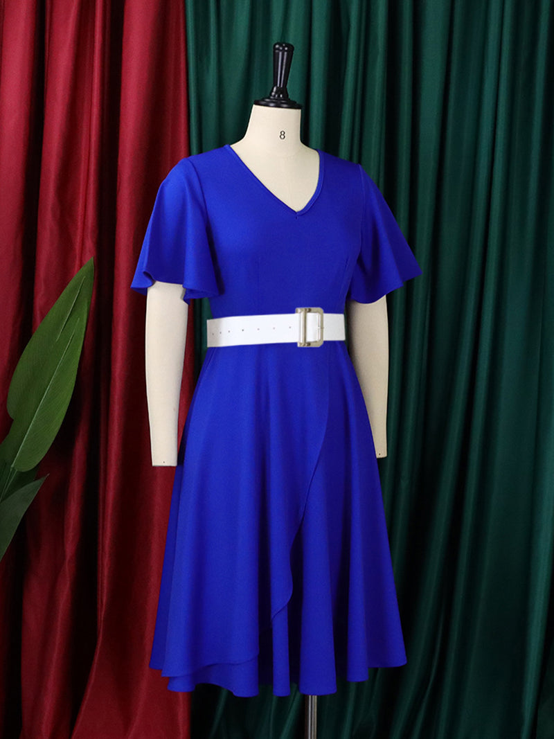 Elegant V Neck Flare Sleeve Cocktail Party Midi Dress