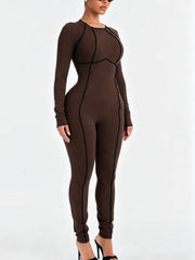 Contrast Seam Long Sleeve Fitted Jumpsuit