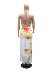 Halter Fringe Asymmetric Print Dress