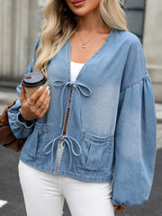V Neck Tie Front Distressed Denim Blouse