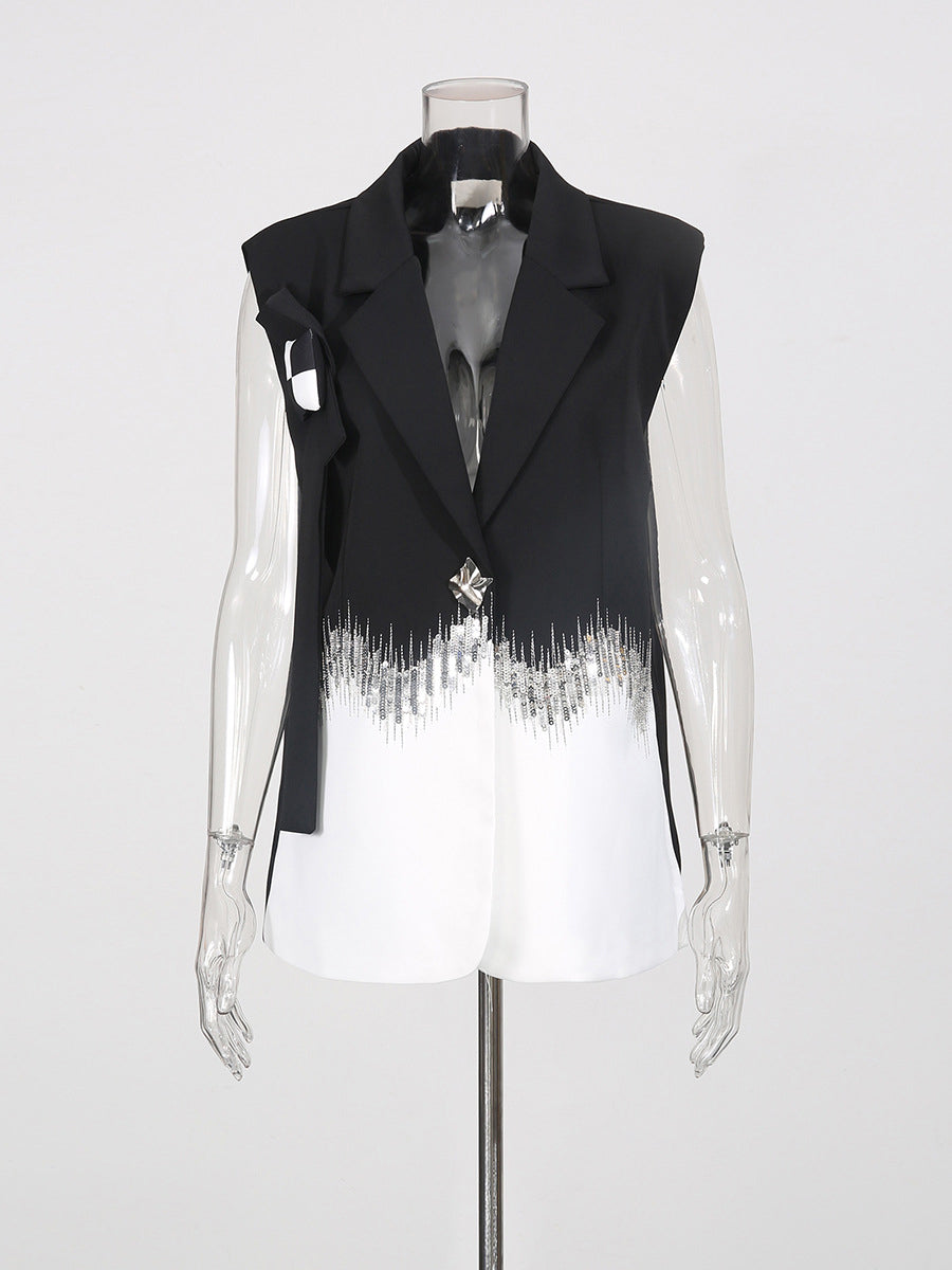 Fashion Sleeveless Sequin Tassels Patchwork Blazer Vest