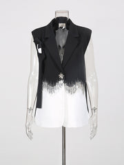 Fashion Sleeveless Sequin Tassels Patchwork Blazer Vest