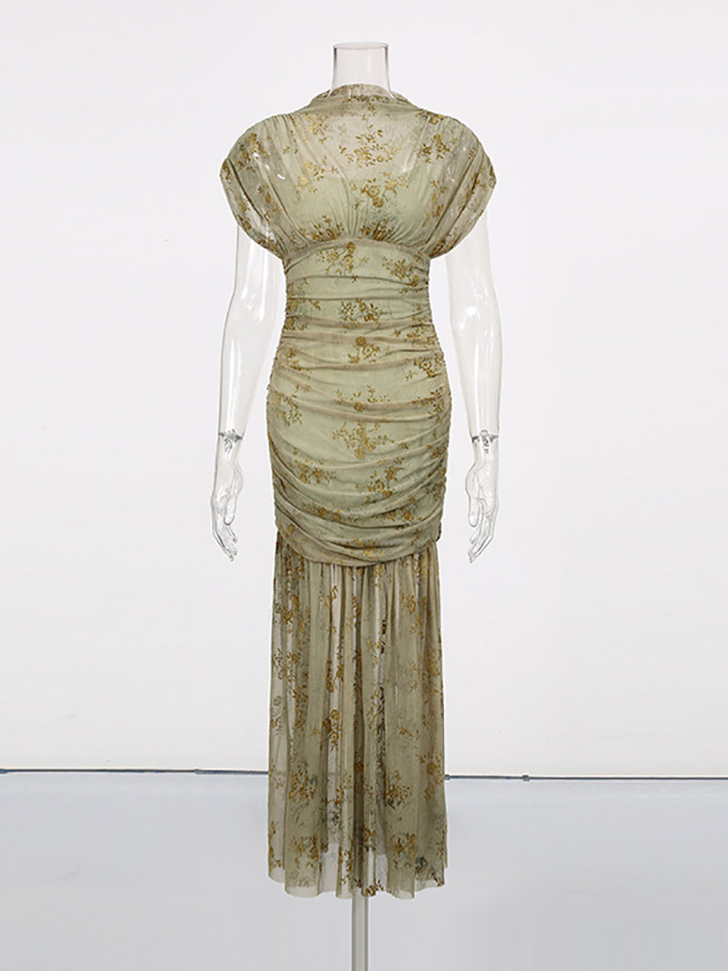 Elegant Print Cinched Waist Slim Maxi Dress