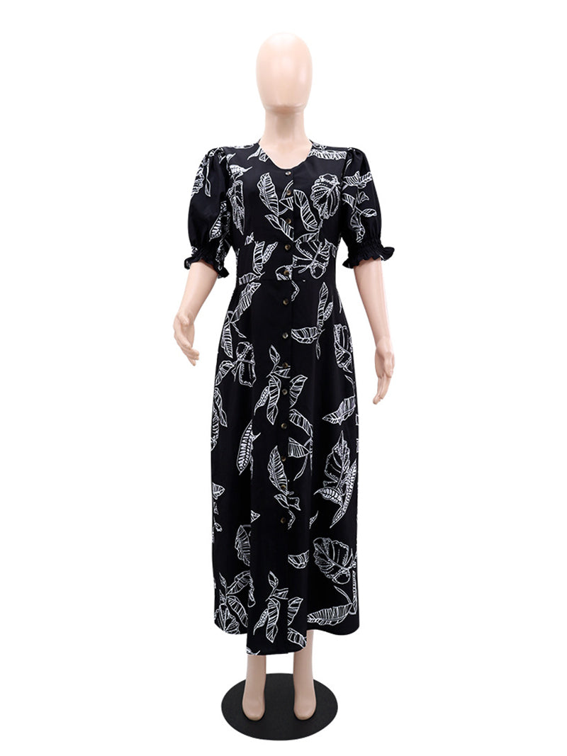 Elegant Print Buckle Patchwork V Neck Long Dress