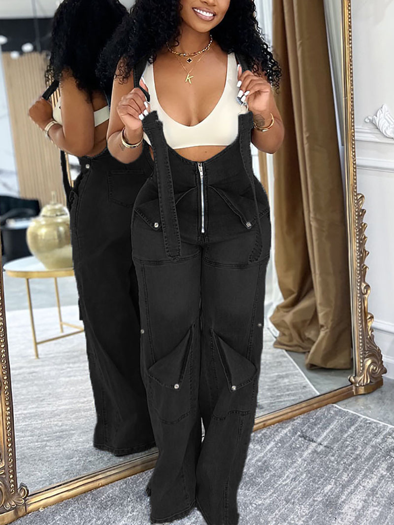 Fashion Casual Zipper Loose Denim Jumpsuits