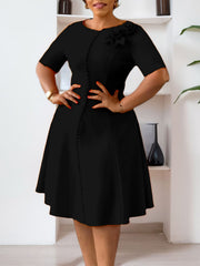 Elegant Round Neck Cinched Waist Midi Dress