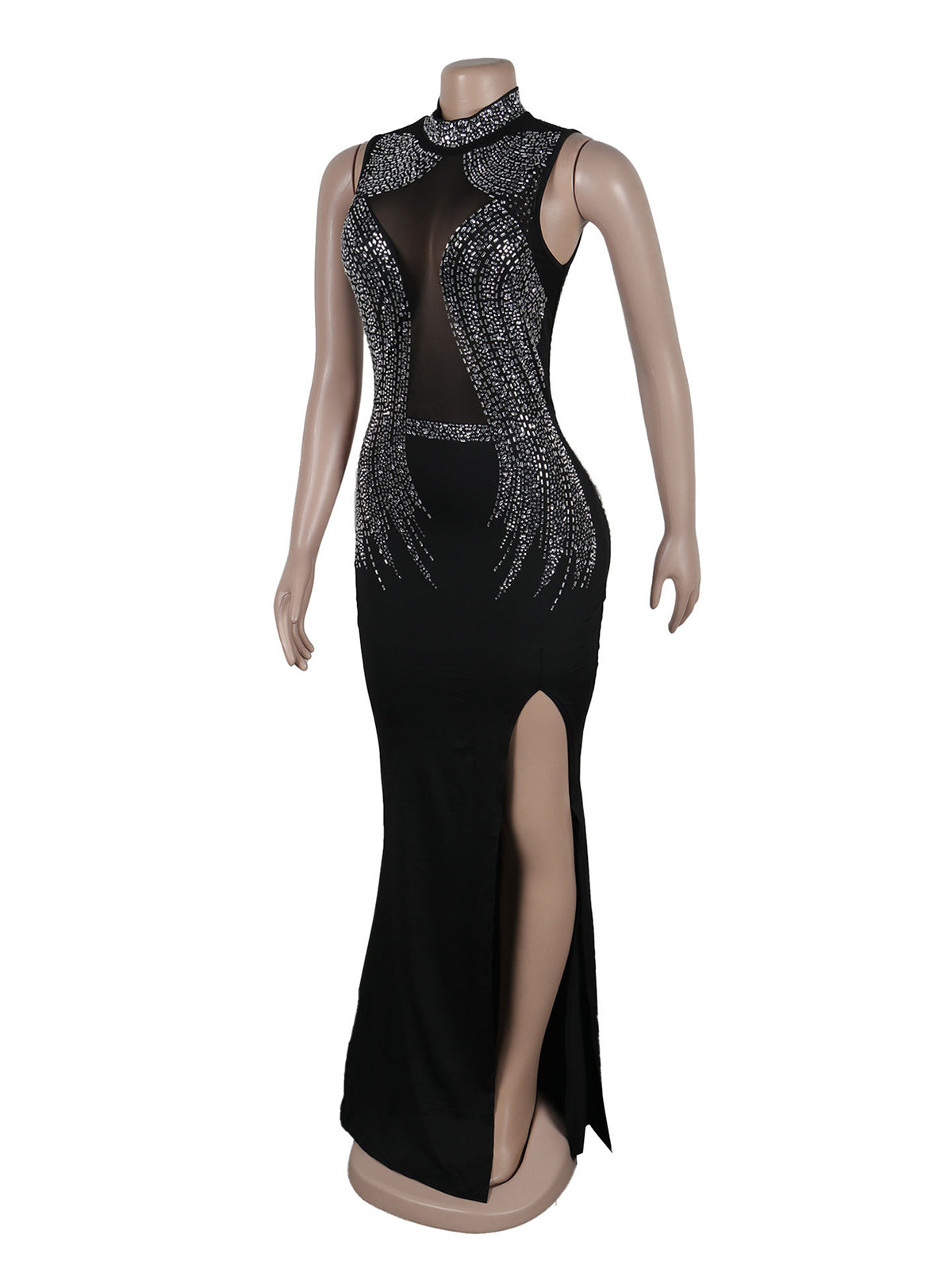 Mesh Rhinestone Sleeveless Evening Party Maxi Dress