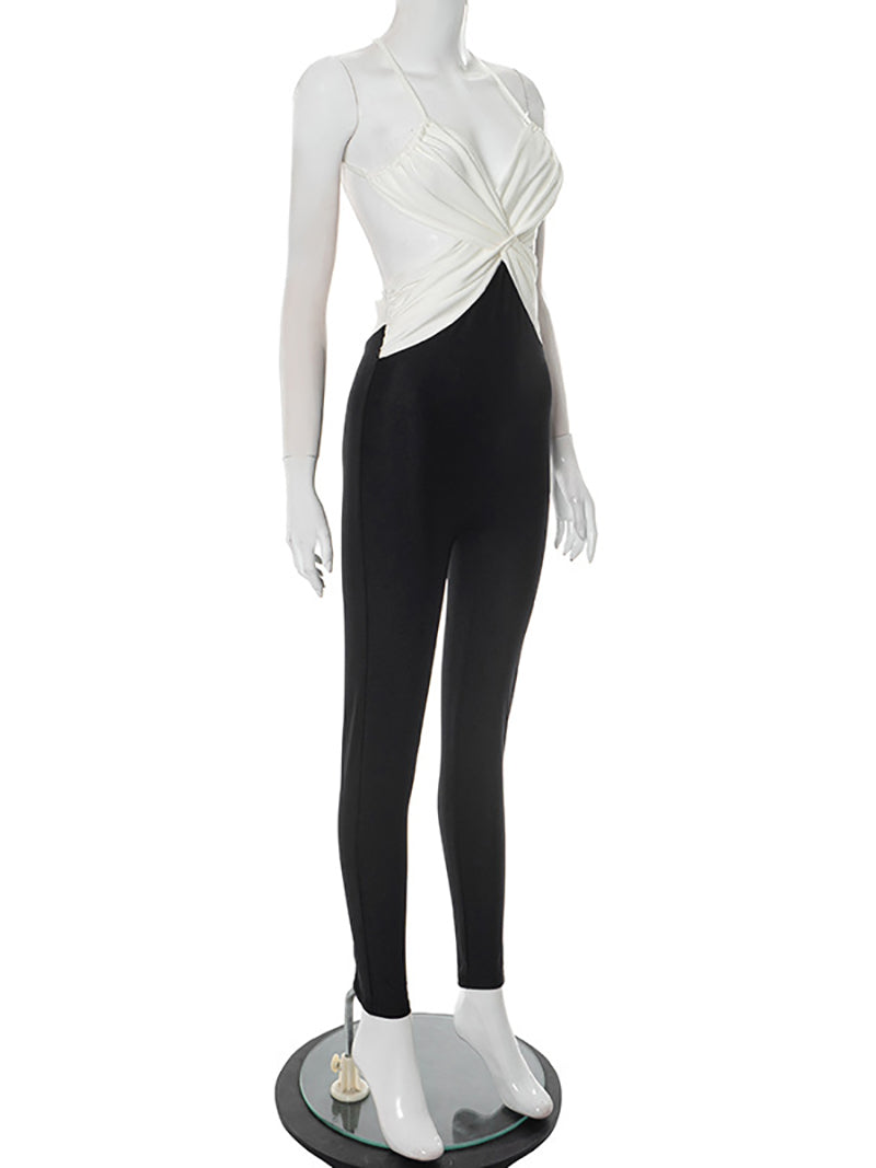 Sexy Cross Contrast Color Backless Tight Jumpsuit