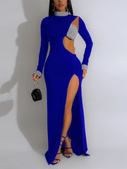 Sexy Hollow Out Rhinestones High Split Maxi Dress