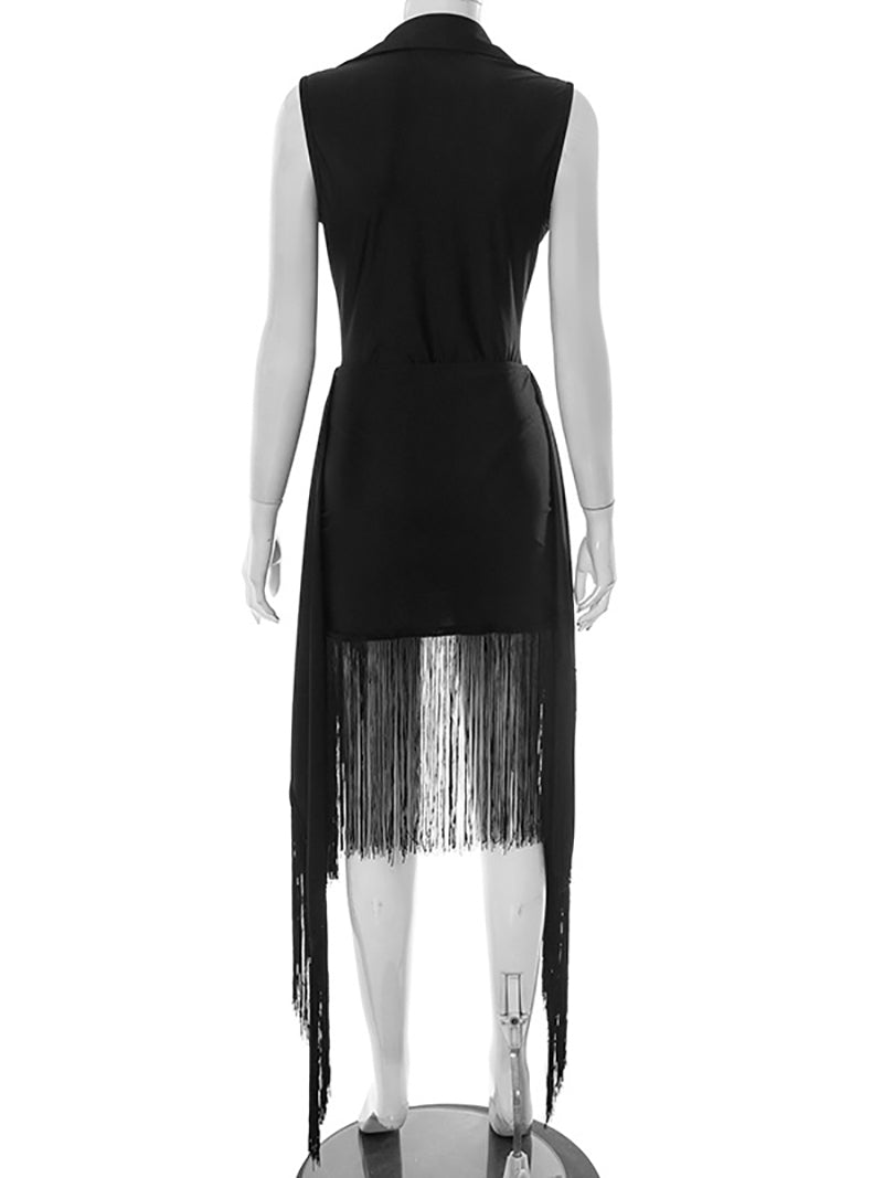 Sexy Lapel Sleeveless Bodysuit Tassels Skirt Set