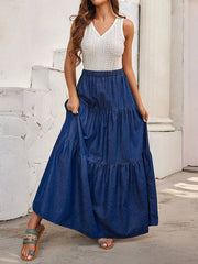 High Waist Ruffle Hem Maxi Denim Skirt