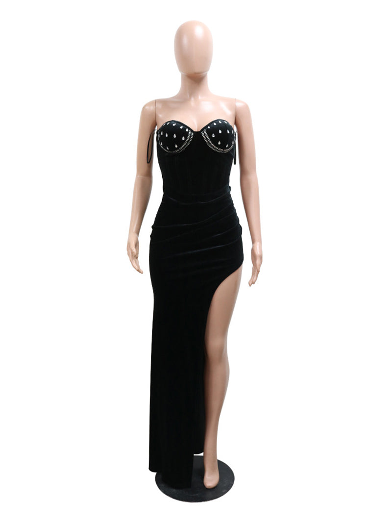 Sexy Rhinestone Strapless High Slit Dress