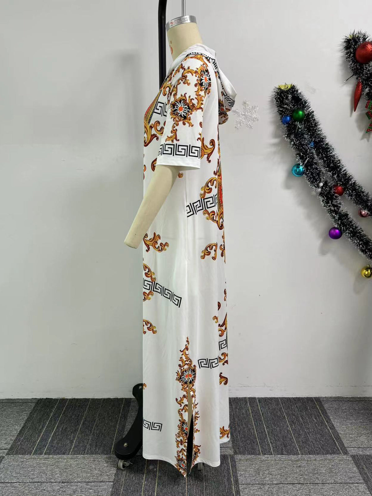 Casual Print Hooded Short Sleeve Split Maxi Dress