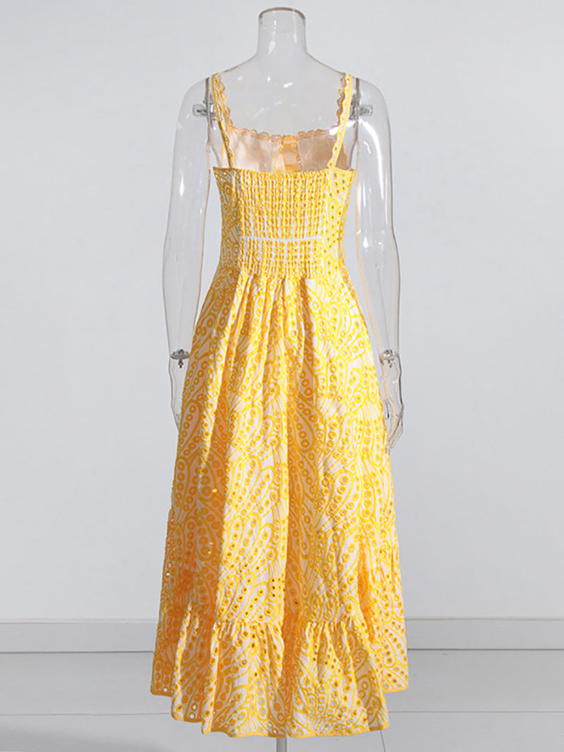 Elegant Embroidered High Waist Slip Midi Dress
